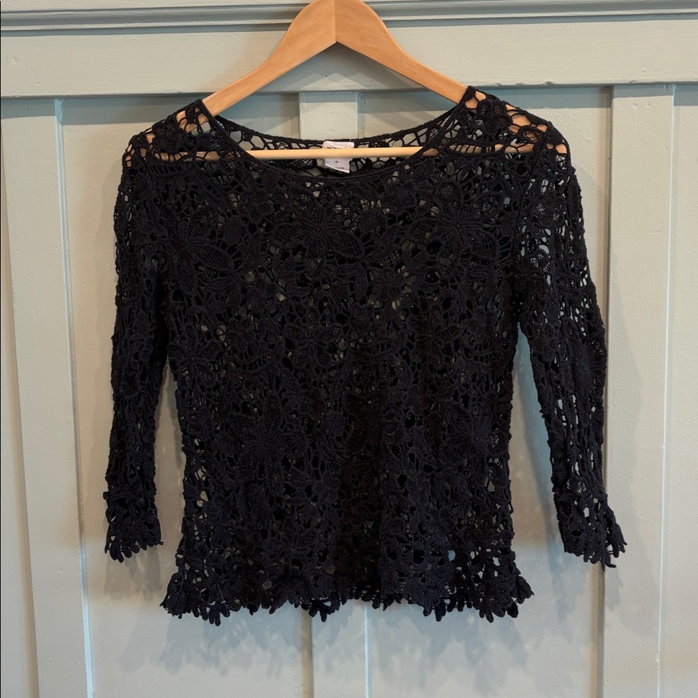 Boho Romantic Whimsigoth Black Crochet Lace Top Small Y2K Indie Sleaze